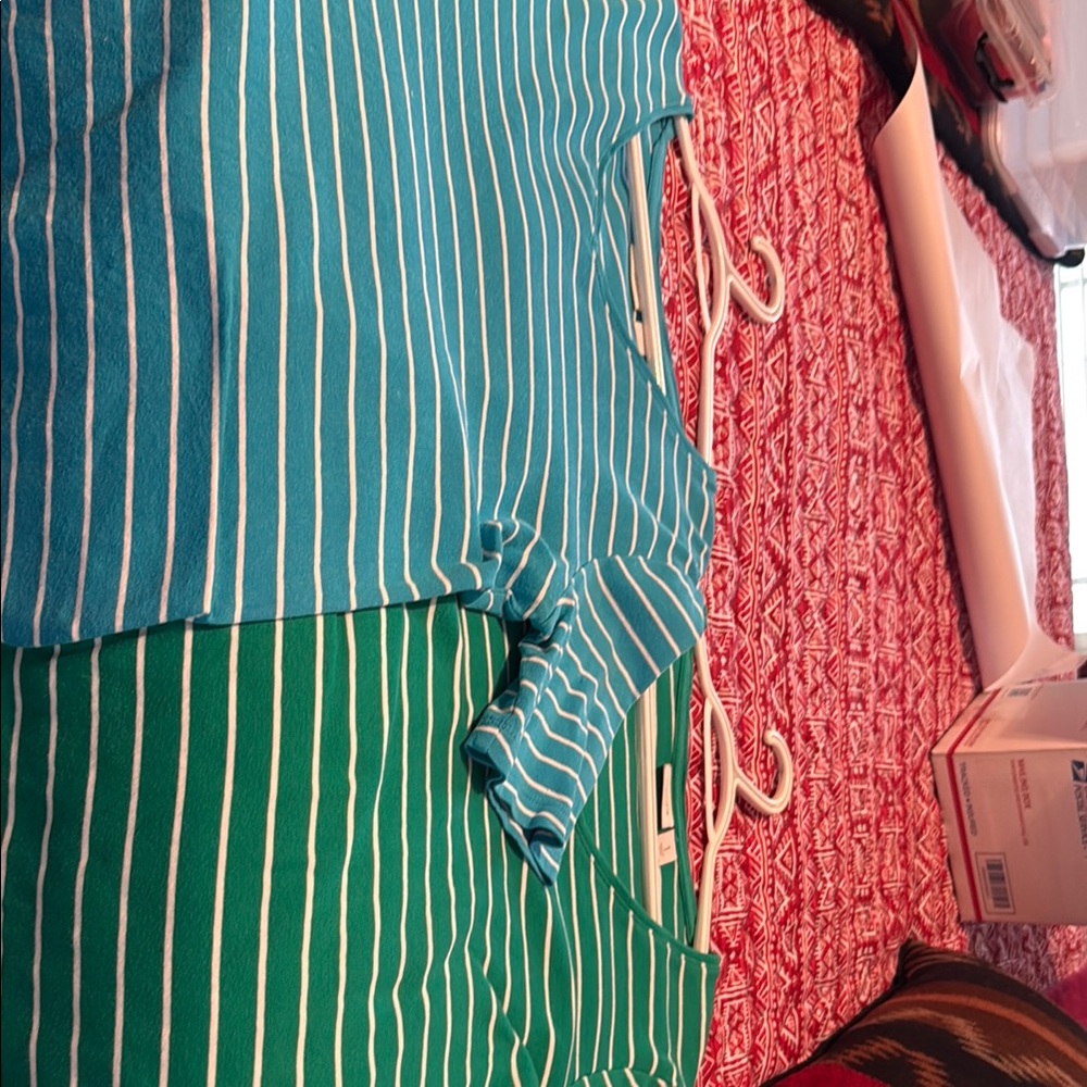 2 Chico’s V Neck Tees in Teal Styrip & Green StriStriped Teal. Great Condition.